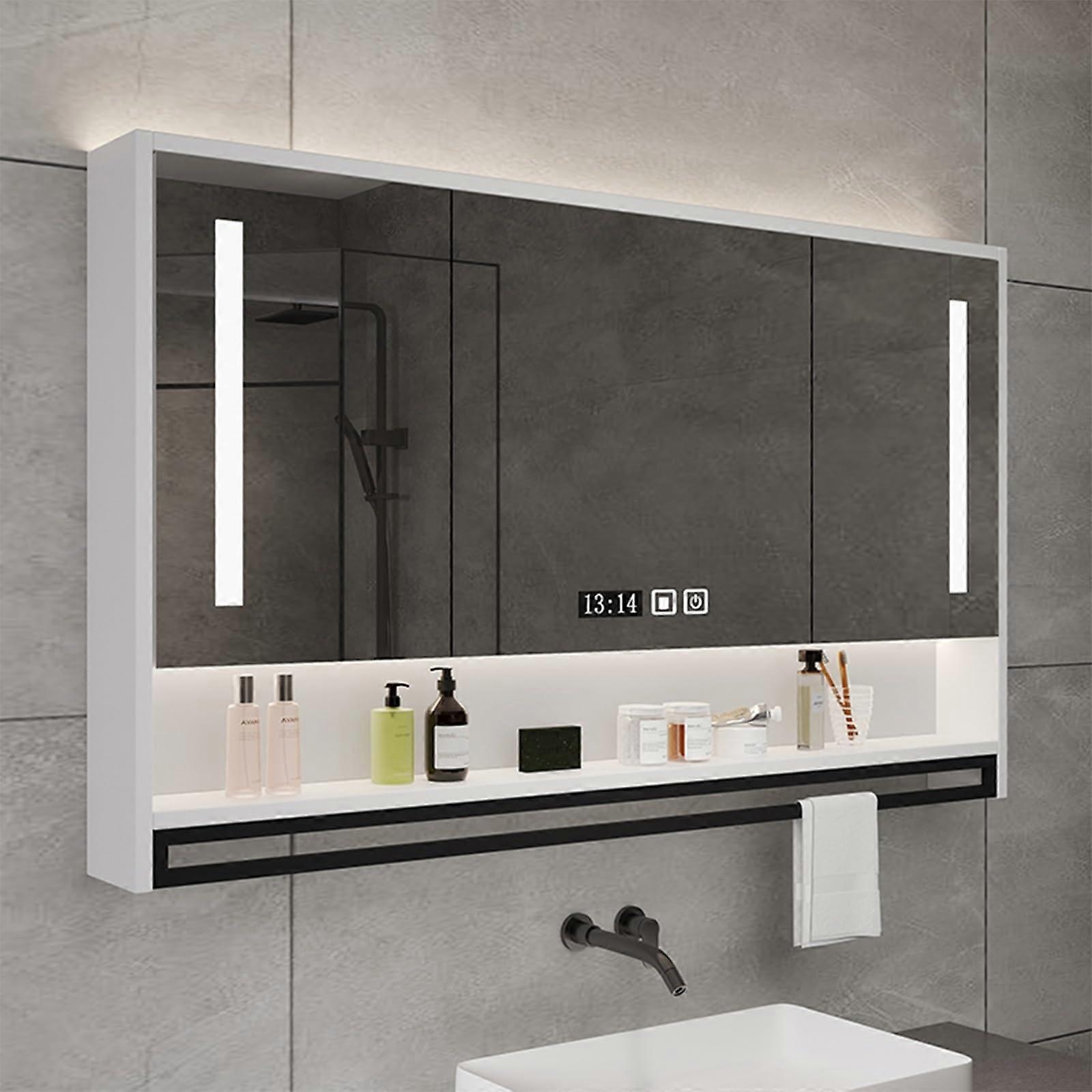 LED Bathroom Mirror Cabinet with 3 Doors, AntiFog Sensor Touch, Adjustable Shelves, Wall Mounted Solid Wood with Towel Rack, White 90x75cm