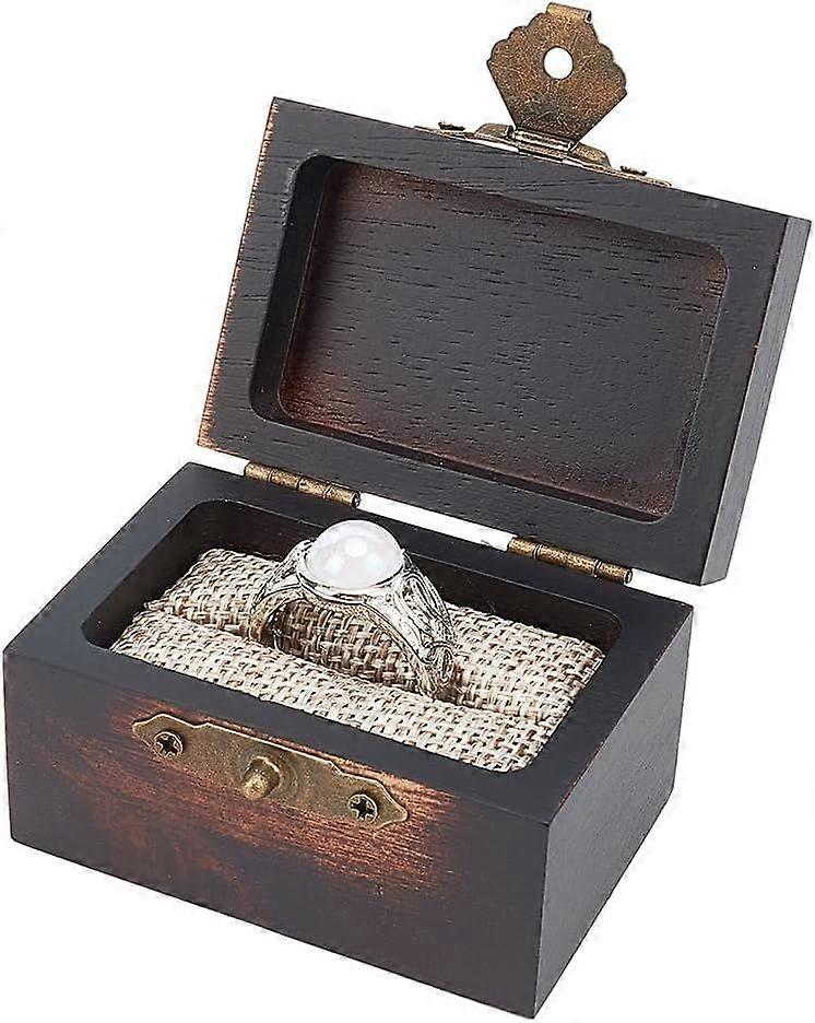 Vintage Wood Ring Storage Boxes Rectangle Ring Case Box with Jute Inside and Iron Clasps Ring Box for Wedding Proposal Valentine's Day Coconut Brown I