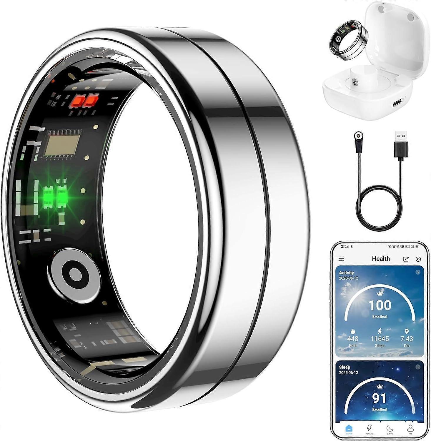 Smart Ring Health Tracker with Heart Rate, Sleep, Blood Oxygen Monitor for iPhone and Android, Silver 8