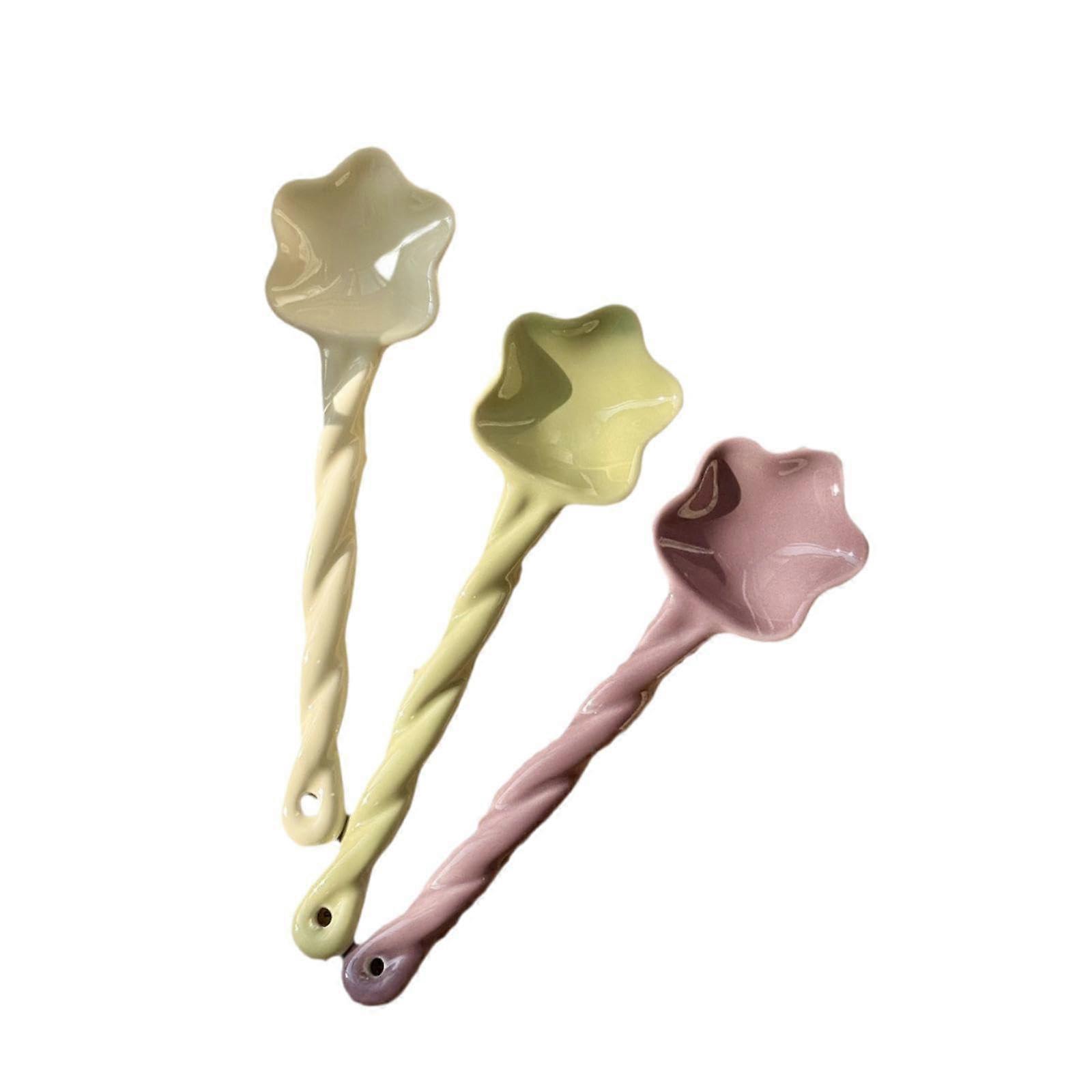 3X Ceramic Soup Spoons Heat Resistant Long Handle Porcelain Ramen Spoons Star Shape Set