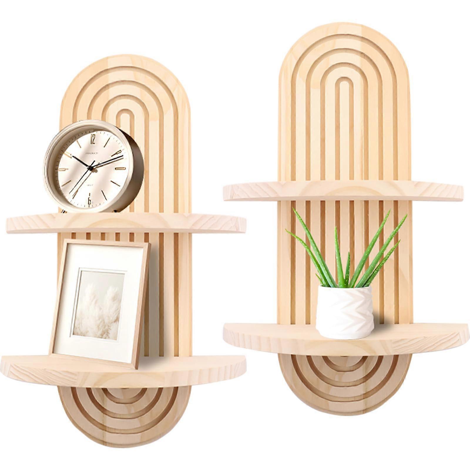 Wooden Wall Shelves Set of 2, Boho Floating Double Layers, Solid Wood Rustic Storage for Home Decor