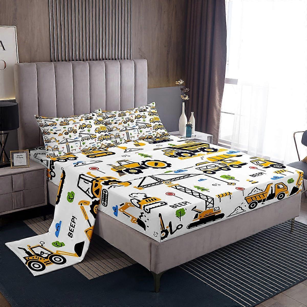 Kids King Size Bedding Set with Construction Trucks, Soft Breathable Deep Pocket Bed Sheets
