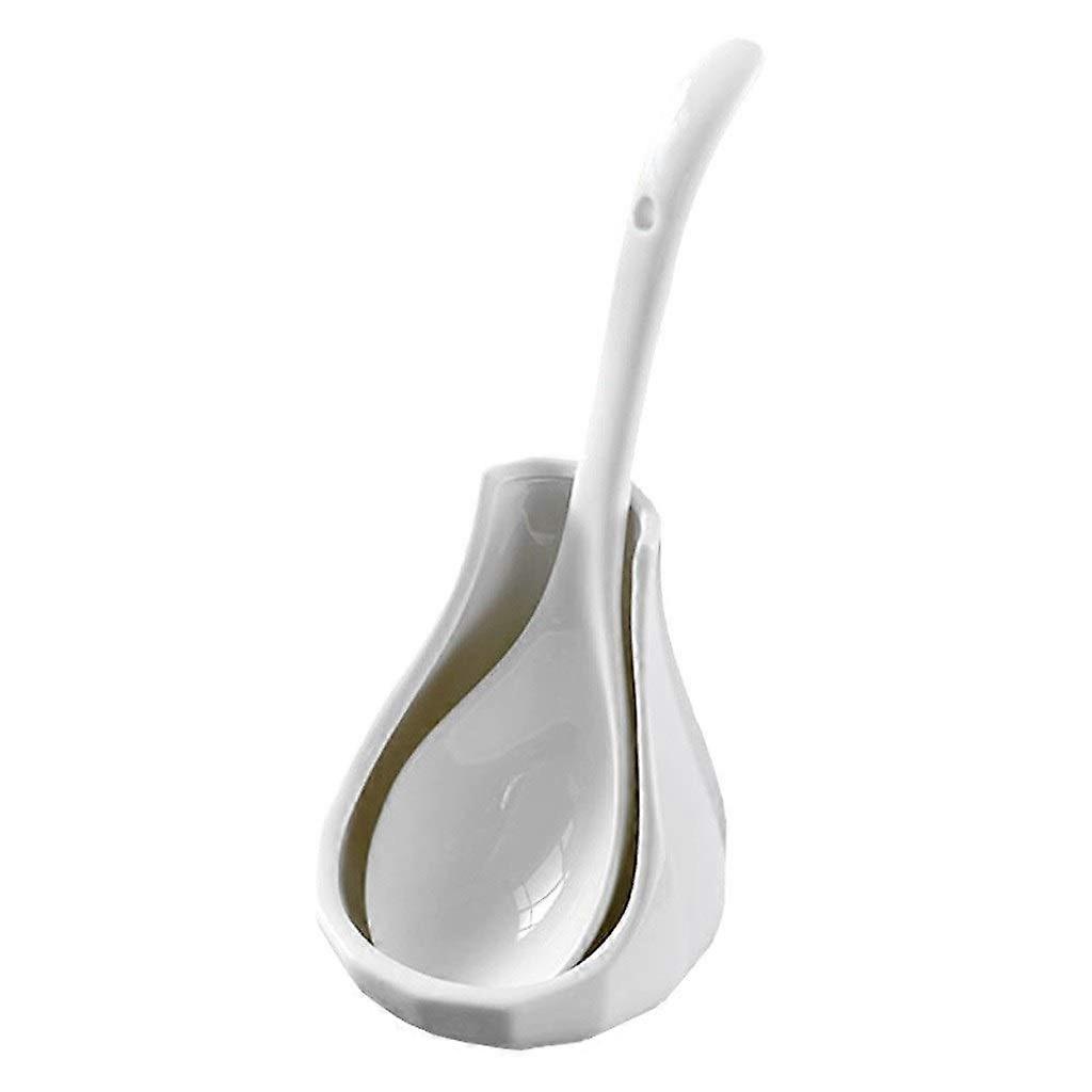 Ceramic Soup Spoon Set with Stand, White Geometric Design, Easy Clean, Large and Medium Sizes