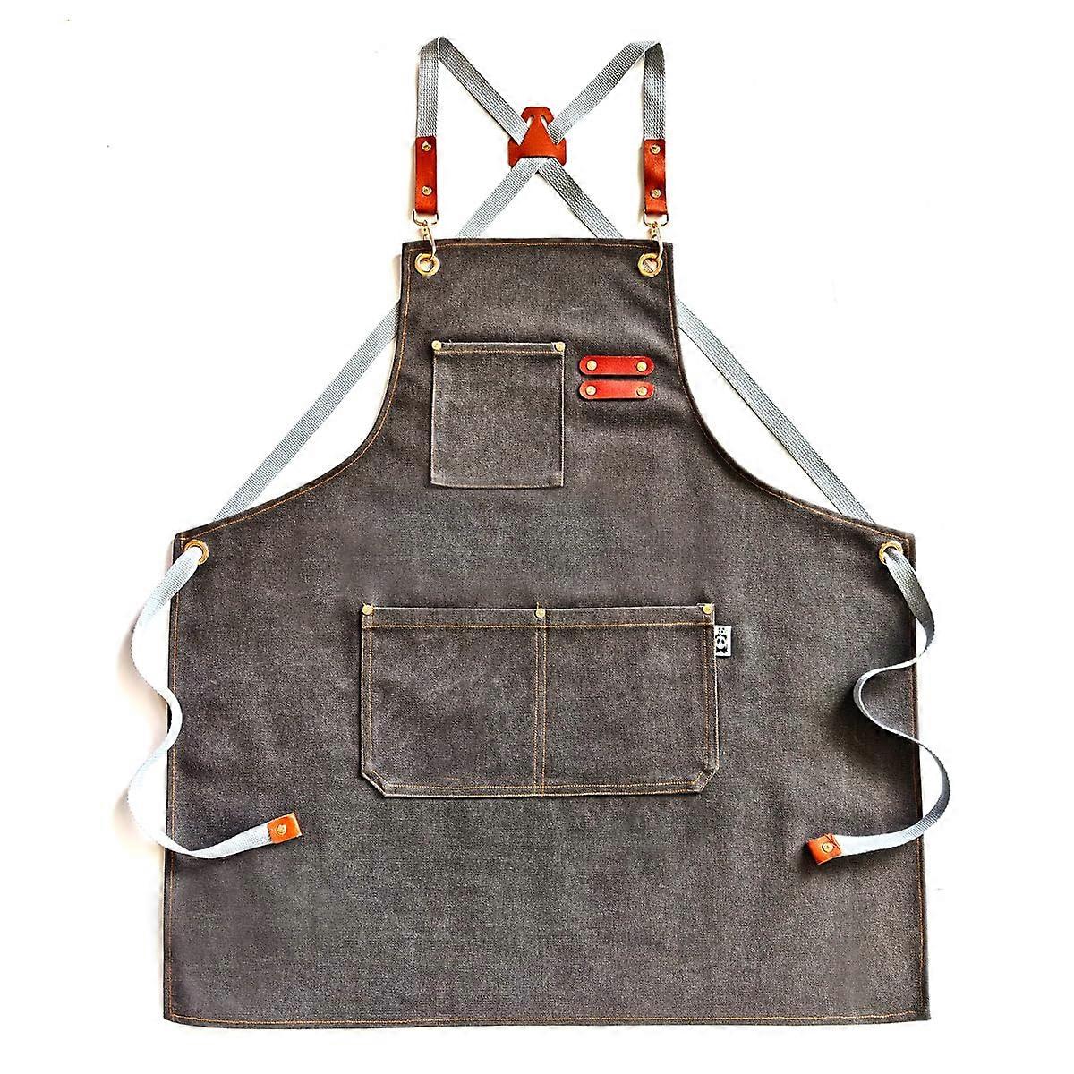 Chef Apron with 3 Pockets Cotton Canvas Kitchen Apron Adjustable Cross Back for Cooking Baking Dark Grey