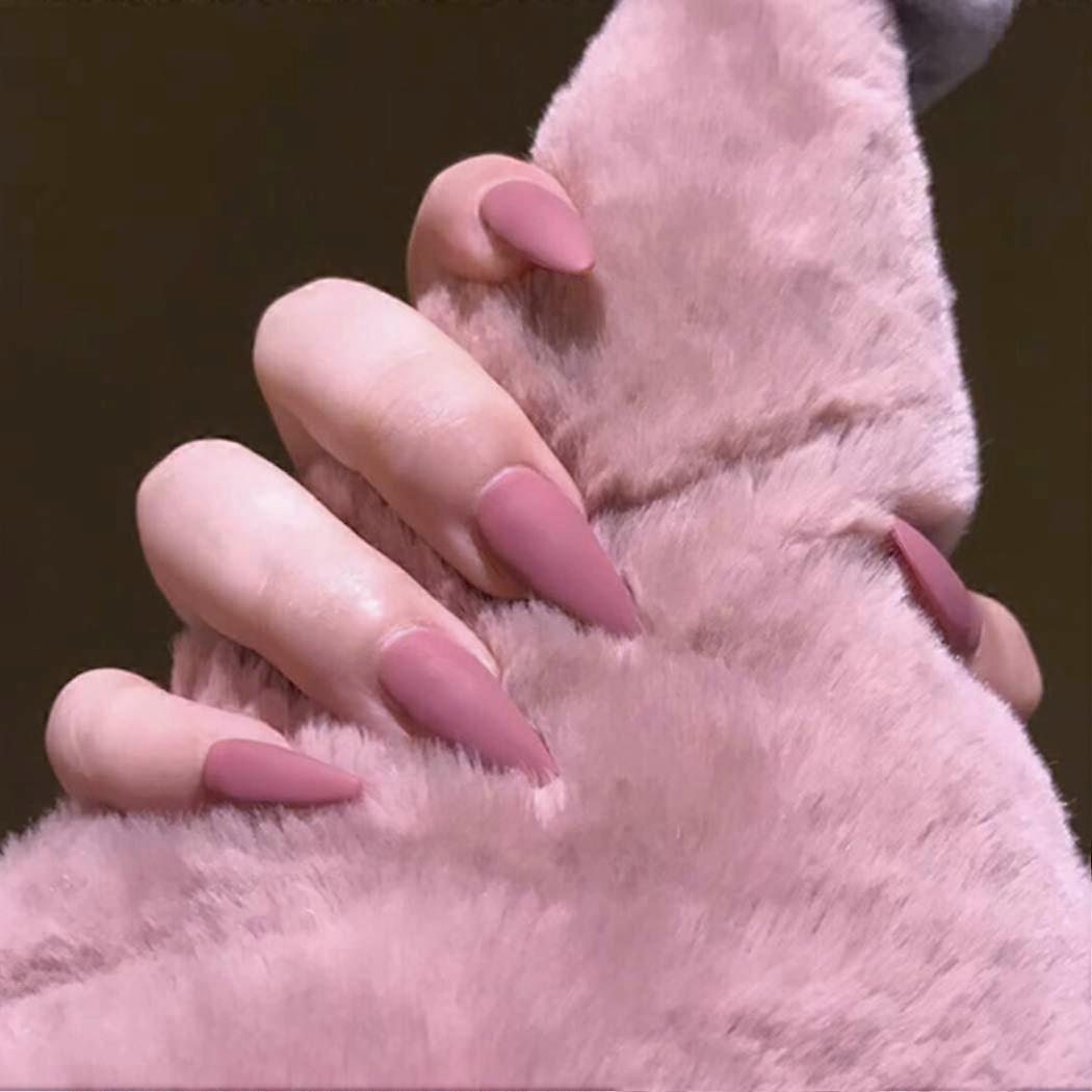 Matte Pink Stiletto Press On Nails Set with Adhesive Tabs, 24 Pcs Easy Application False Nails