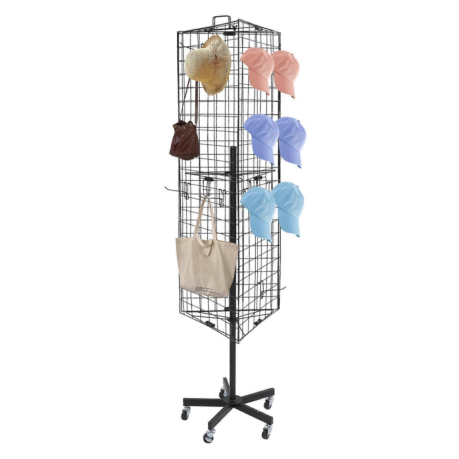 Triangular Gridwall Display Stand with Hooks, 360° Rolling Retail Rack, Lockable Casters, Heavy Duty