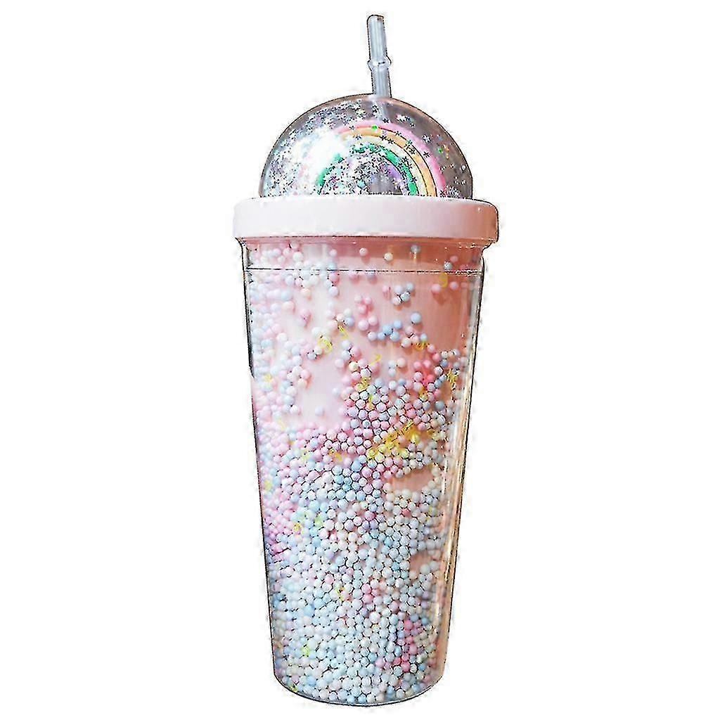 550ml Rainbow Plastic Water Bottle Double Layer Sequins Drinking Cup with Straw