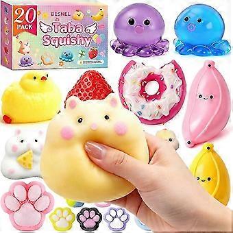Taba Squishy-Spielzeug-Set, 20 Stück, verschiedene Quetschspielzeuge mit Hühnchen, Banane, Erdbeere, Katzenpfote und Oktopus, ideal als Geschenk für Kindergeburtstage.