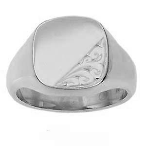 Silver 14x13mm hand engraved solid cushion Signet Ring Size T