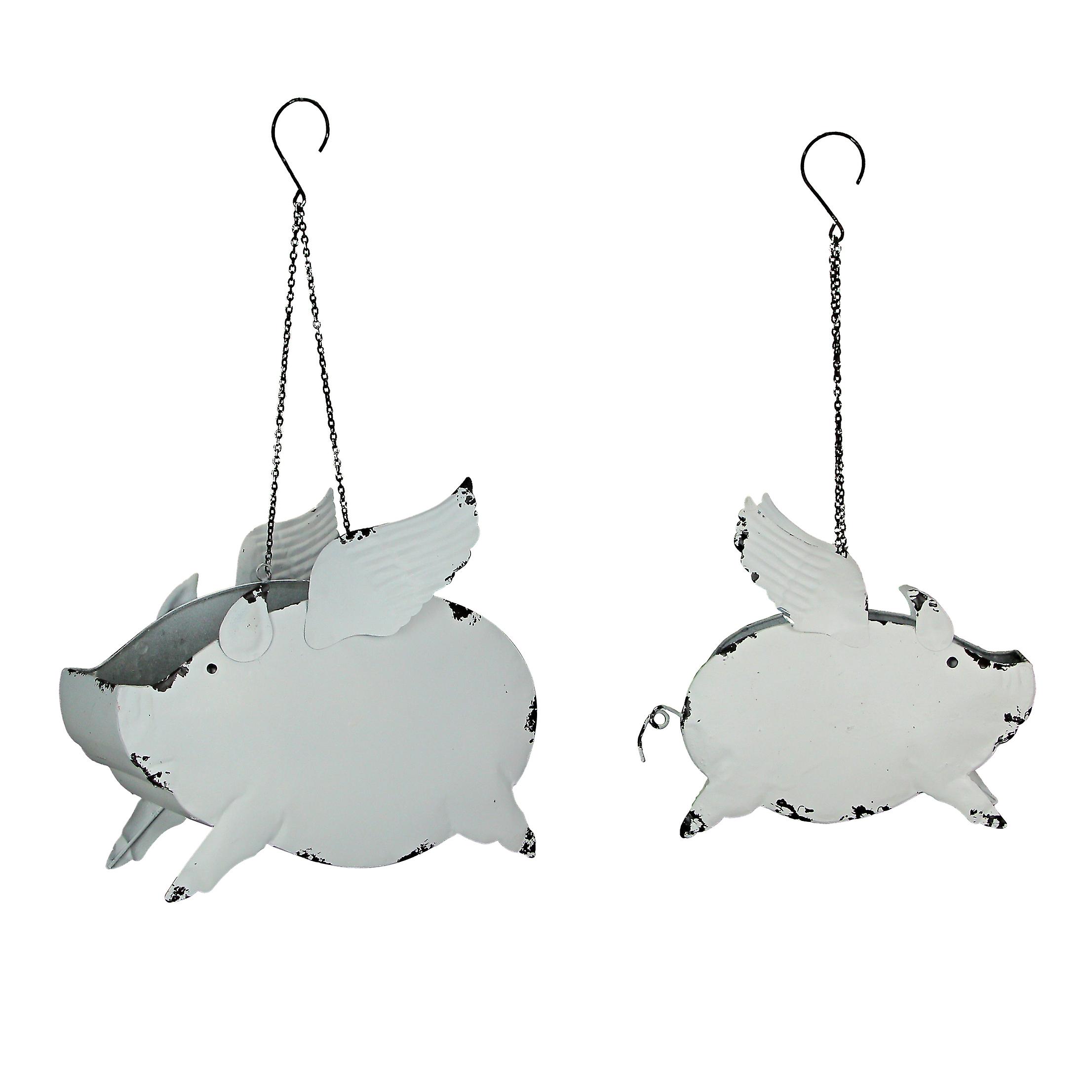 Metal Distressed Flying Pig Hanging Planter Set Large & Small