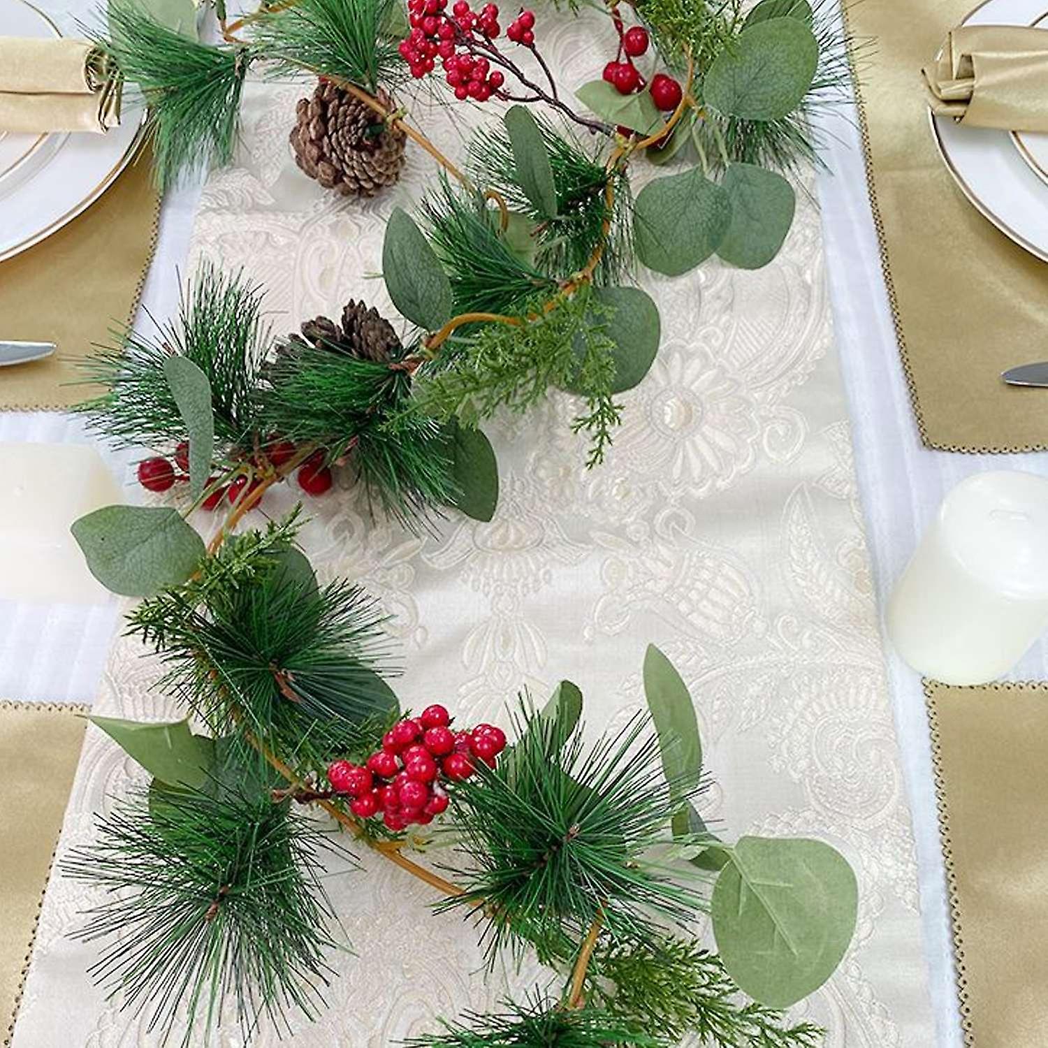 Artificial Pine Needle Garland with Red Berries, Pine Cones, Eucalyptus, 175cm