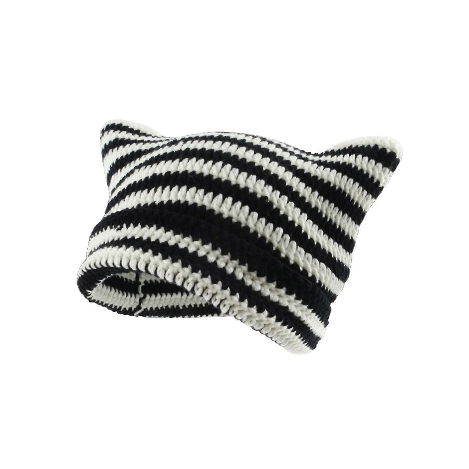 Black and white little devil striped knitted wool hat, children's cat ears, cute pointed hat, pullover hat
