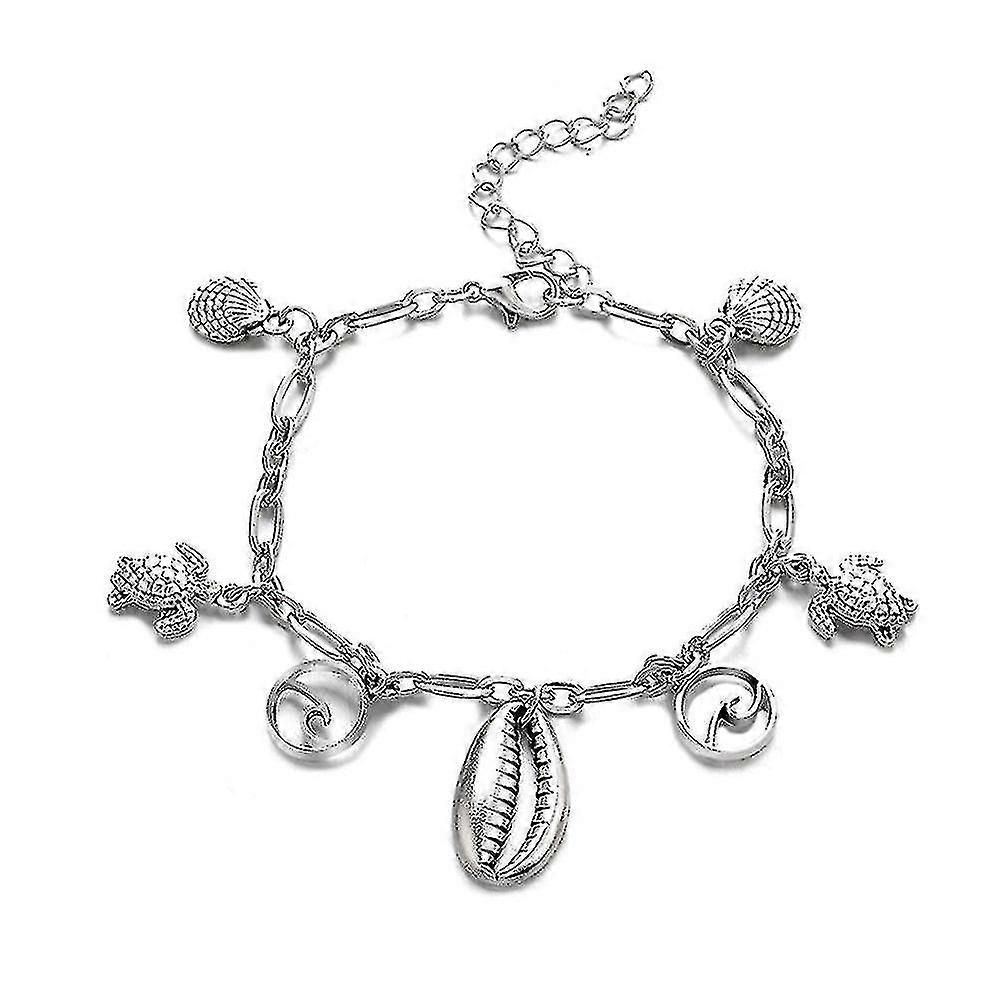 silver ankle bracelet with multiple charms shell tortoise and extenders foot jewelry