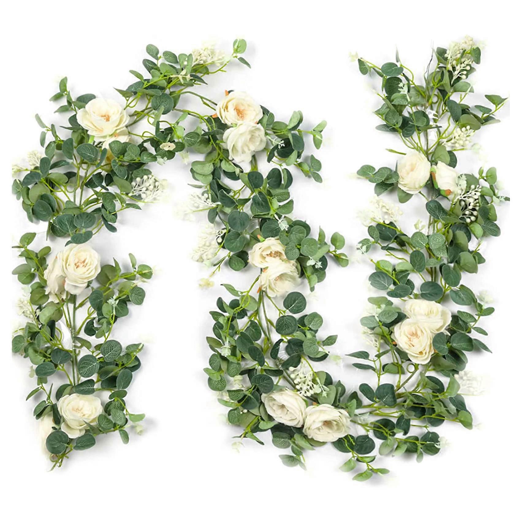 2er-Pack Eukalyptus-Girlande mit Champagner-Rose, Grün-Girlande Bulk Kunstseide Blumen-Eukalyp