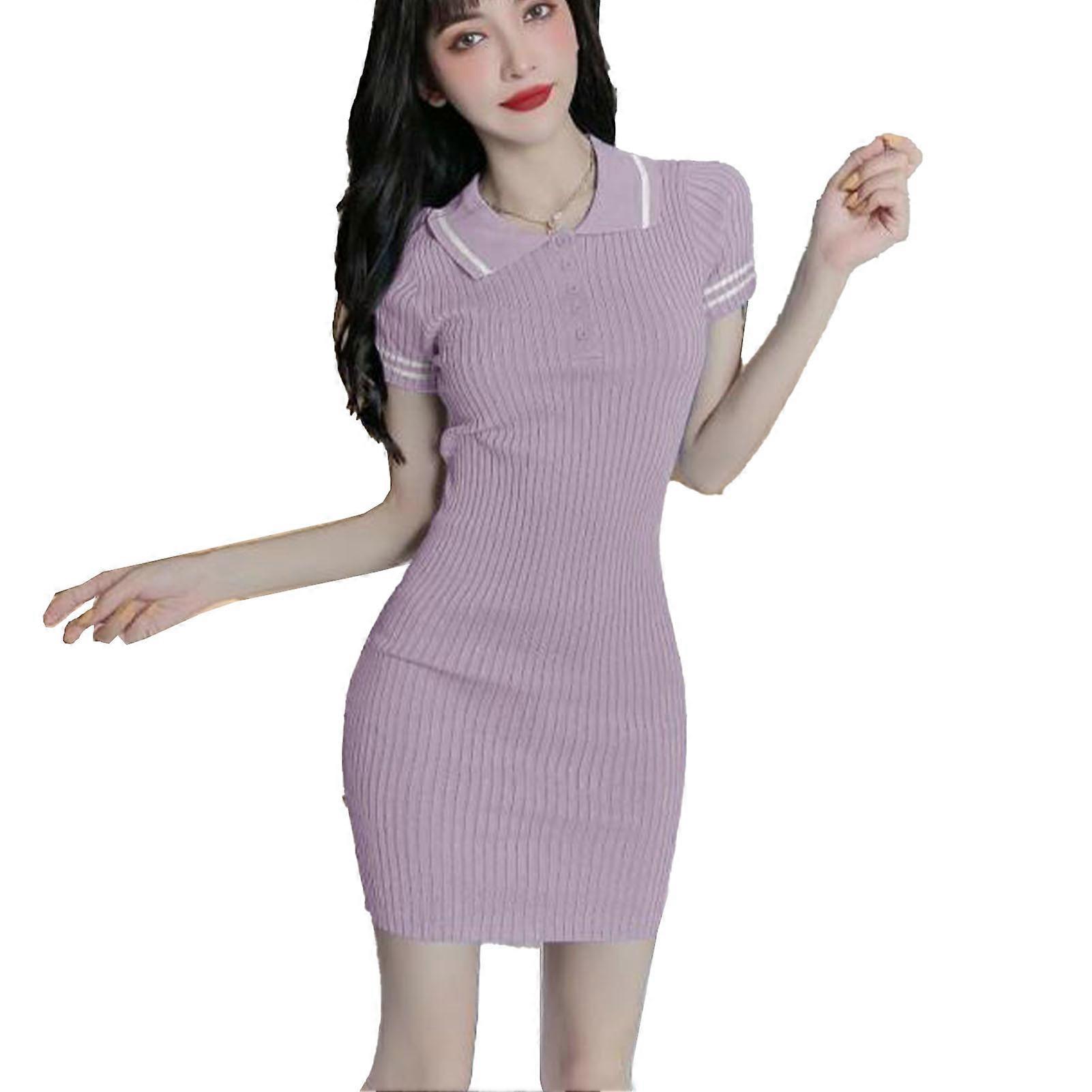 半袖ドレスニットターンダウンカラーボタンアップスリムフィットピュアカラーレディースドレス夏