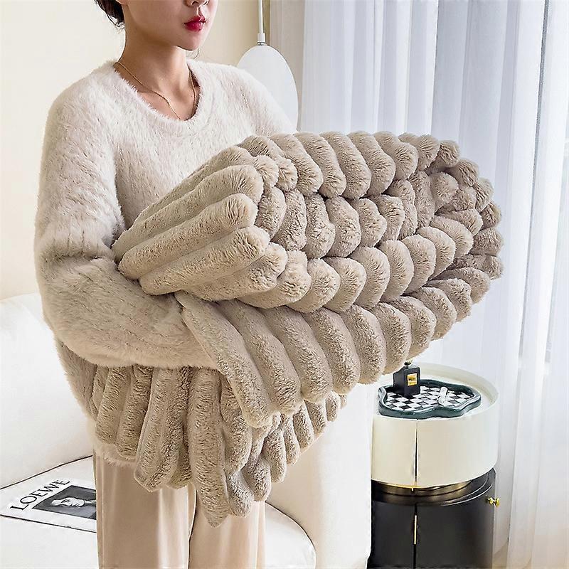 Przytulanka Snuggle Sac, Puszysty koc polarowy, koc na sofę, łóżko, kanapę, ciepły i miękki koc z wzorem w paski, szary / różowy / zielony / żółty, 120