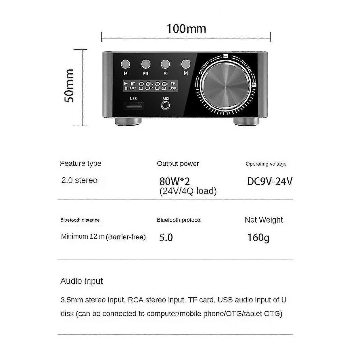 Bluetooth 5.0 Digital Hifi Power Amplifier Class D Amplifier 80wx2 Home Audio Car Marine Usb/aux In
