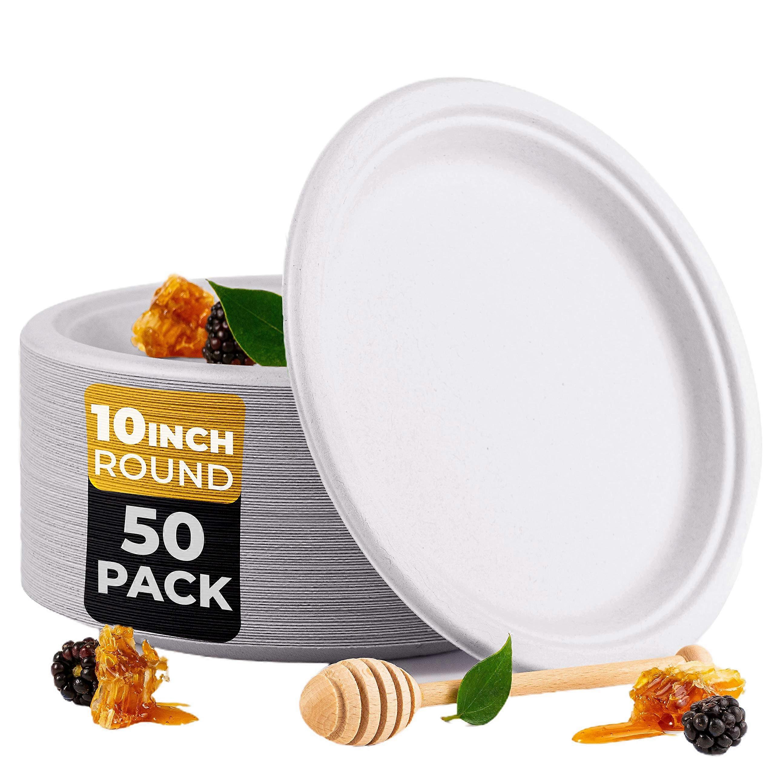 50PCS Compostable Disposable Round Bagasse Paper Plates - Biodegradable Sugarcane Fibre