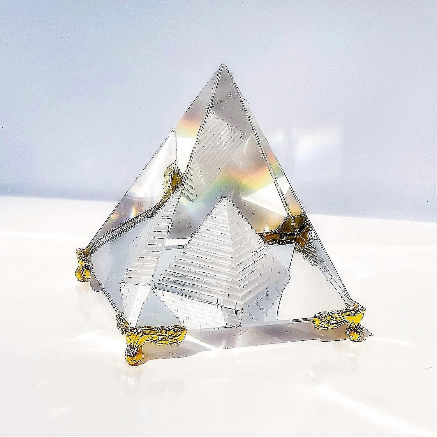 Crystal Pyramid Prism, Feng Shui Crafts Meditation Crystal With Gold Stand For Home Office Art Decor