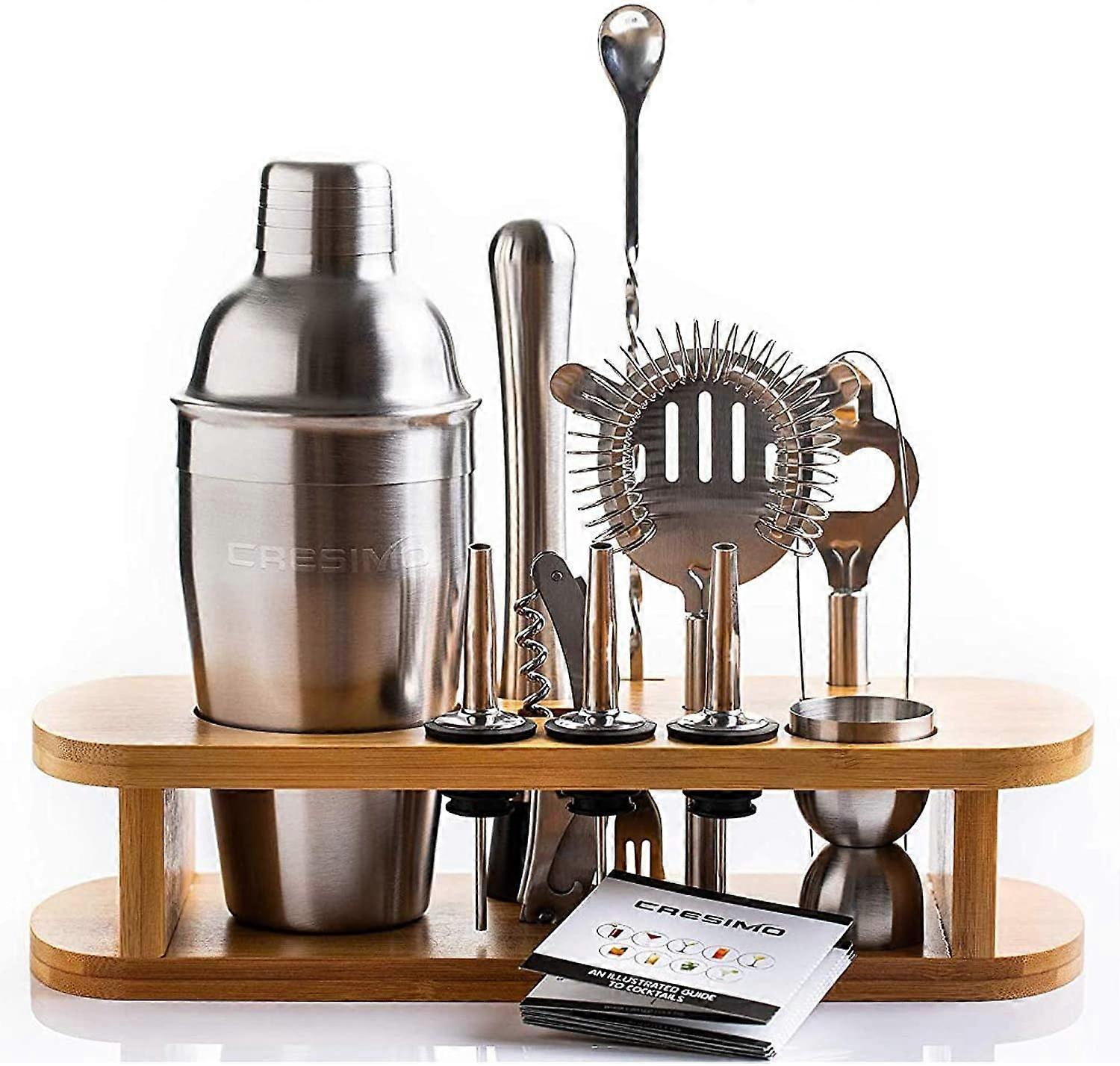 12pc Set with Bamboo StandCocktail Shaker Set with Bamboo Stand - 12 Piece Bar Shaker Set Perfect for the Home - Cocktail Kit Includes Martini Cocktai