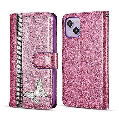 For iPhone 15 Glitter Powder Butterfly Leather Phone Case