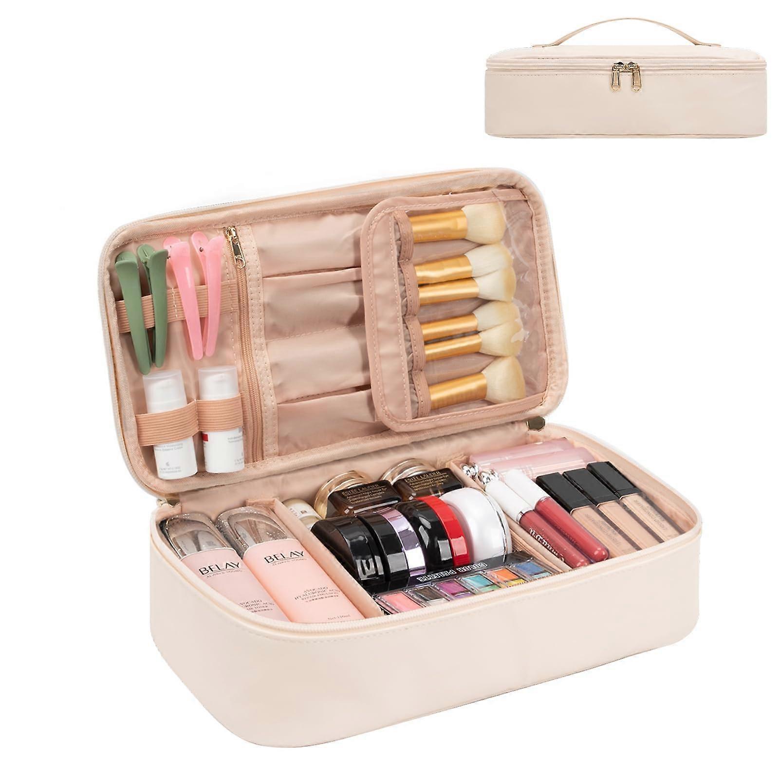 Large Travel Makeup Bag for Women, Beige Cosmetic Organizer with Zipper Compartment and Divider, Durable Toiletry Pouch