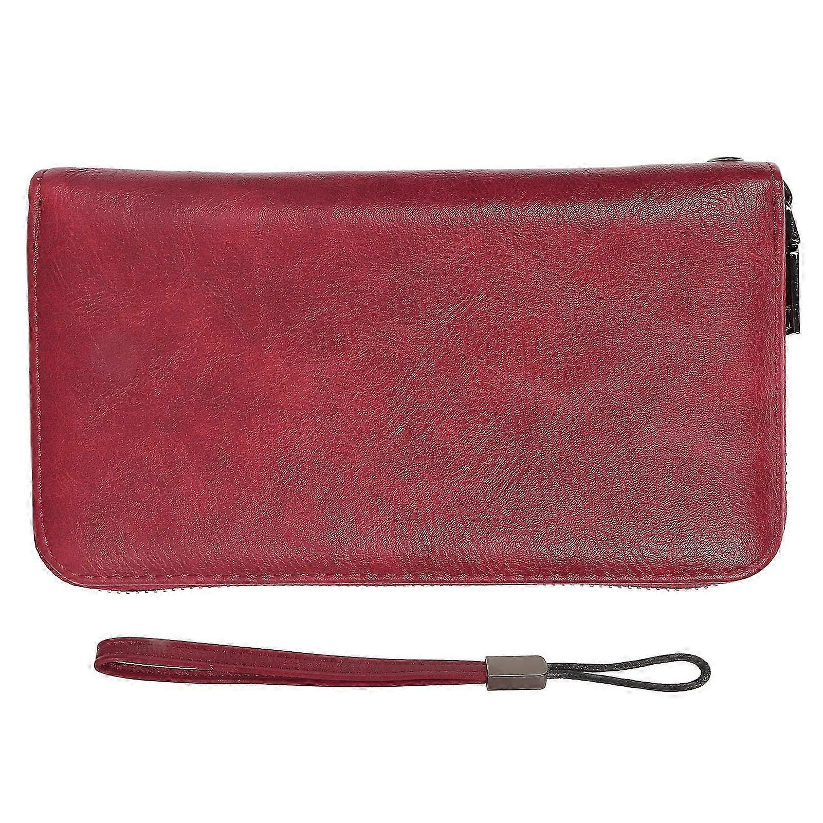 ארנק כרטיס אשראי 36 חריצים לכרטיסים כספת עור PU תיק רוכסן ארוך ארנק עם רצועת יד לתעודת זהות מזומן יין אדום