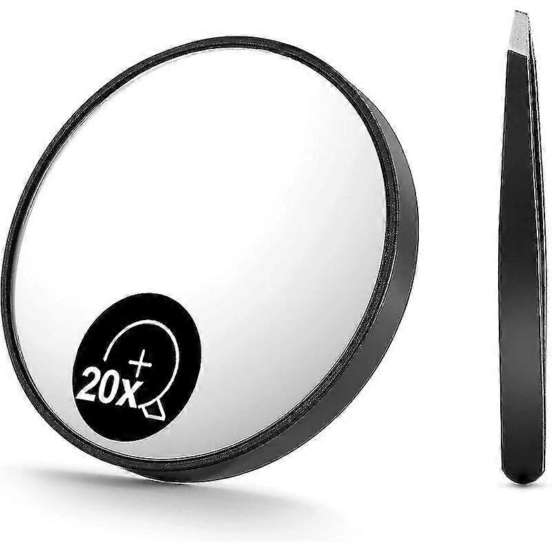 20X Magnifying Mirror and Eyebrow Tweezers Kit,  Two Suction Cups Magnifier Travel Set