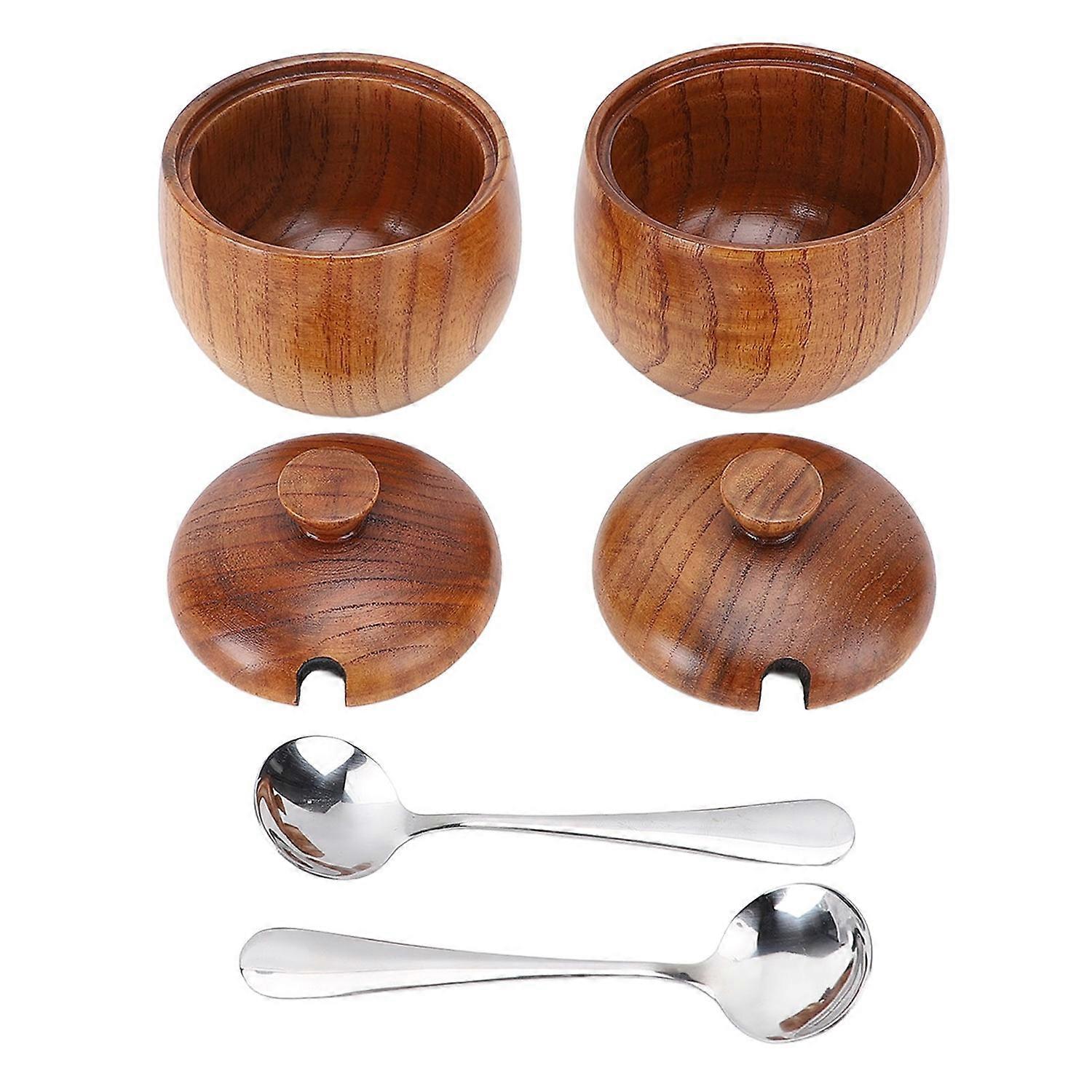 2pcs Wood Salt Bowl Multifunctional Salt Jar with Lid Spoon for Sugar Condiment Spices