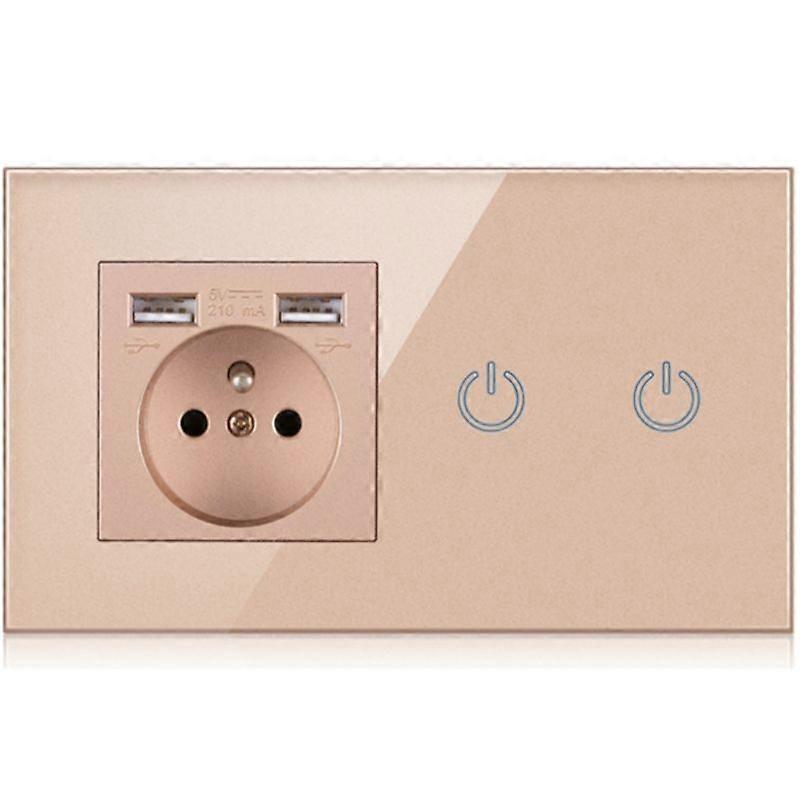 EU Power Outlet Socket, LED Light Touch Double Switch, 2 USB Charger, Glass Panel French Wall Electrical Socket