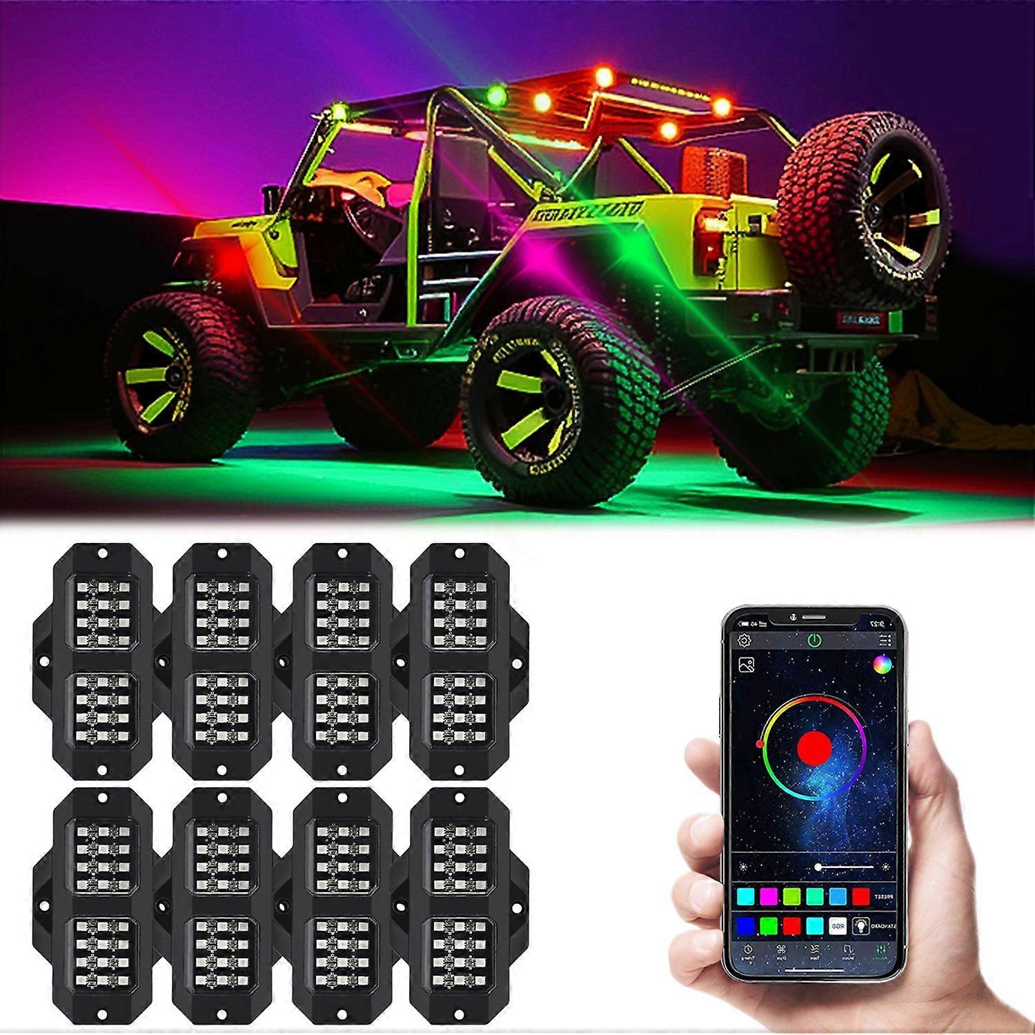 8PCS LED Rock Light Kits Colorful Car LED Light APP Control Light Strips IP68 Waterproof Brightness 
