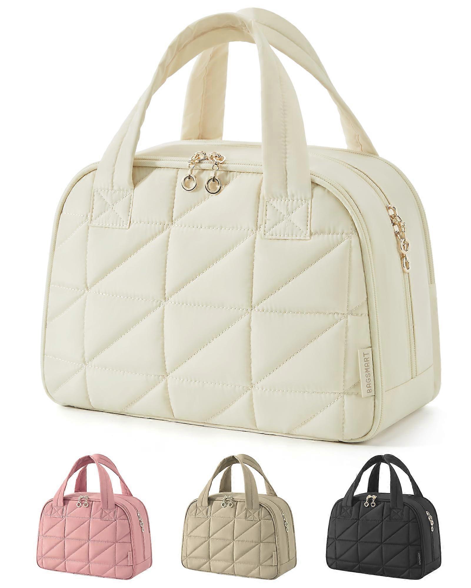 Travel Toiletry Bag With Wide Opening, Beige With Handle, Cosmetic And Toiletry Organizer