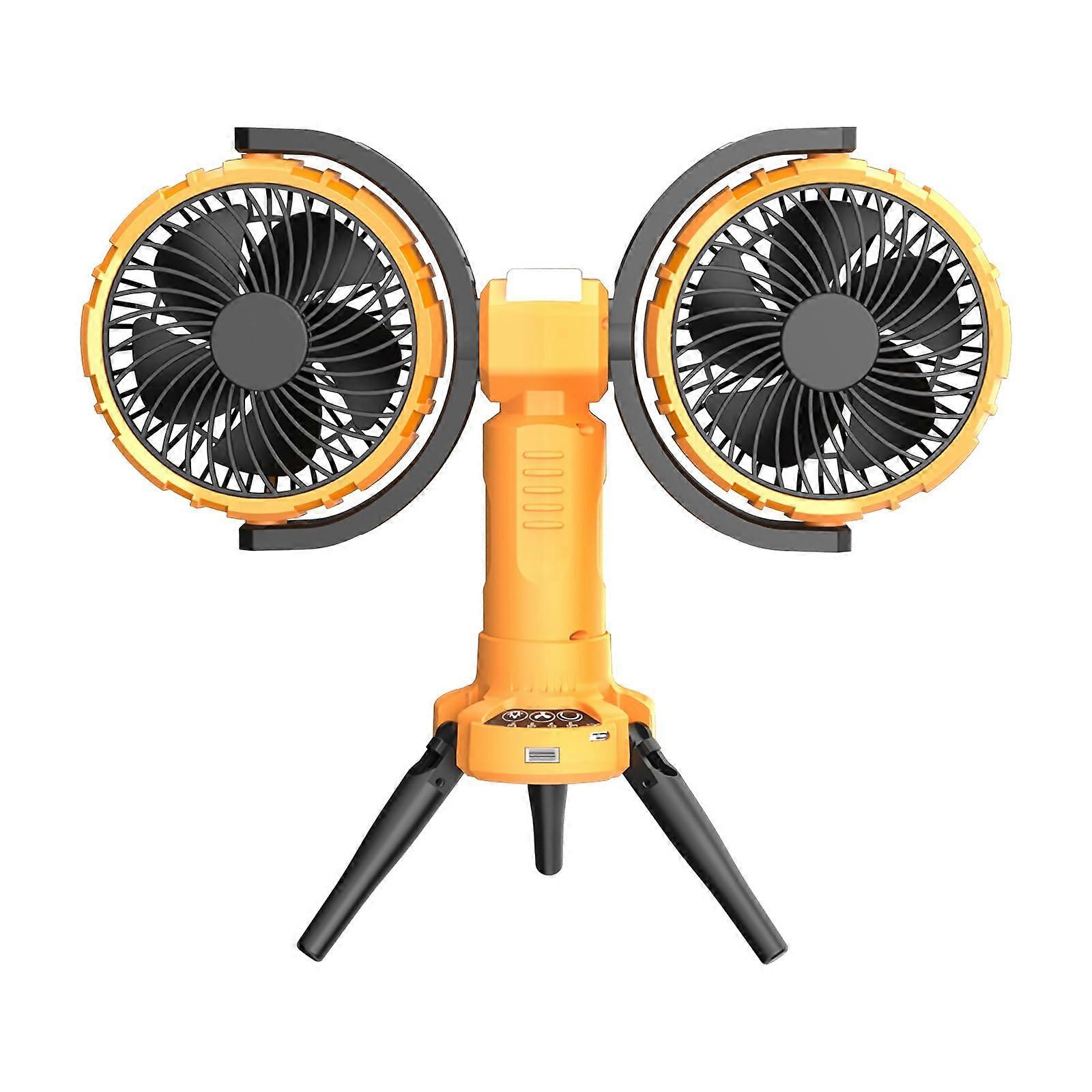 Dual Head Battery Powered Camping Fan with LED Light 360° Moving Head USB Cooler for Travel Tent Outdoor Fishing