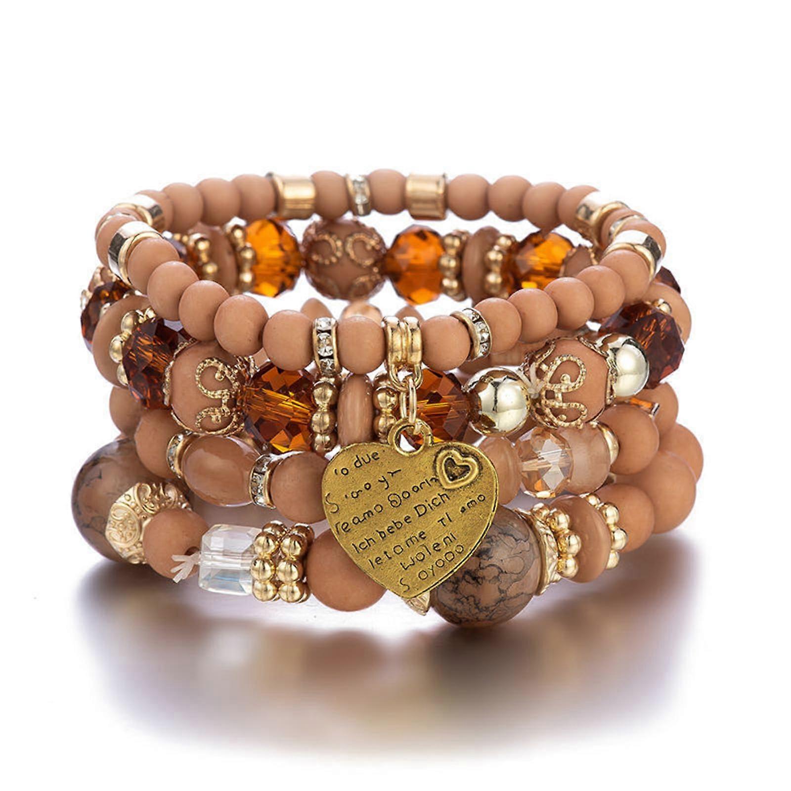 4PCS set Bohemian Heart Letters Notification Crystal Stretch Necklace Bracelets Beaded Stacked