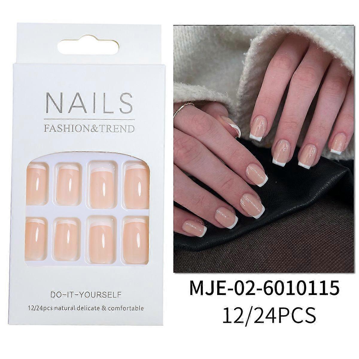 Timeless, presson nails with nail glue, French style, medium size, square shape, includes 24 nails, 2 g of glue, 1 manicure stick,