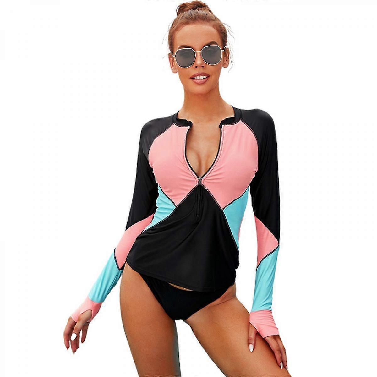 Womens Zip Front Long Sleeve Rashguard Shirt Color Block Print Tankini Swimsuit No BottomM