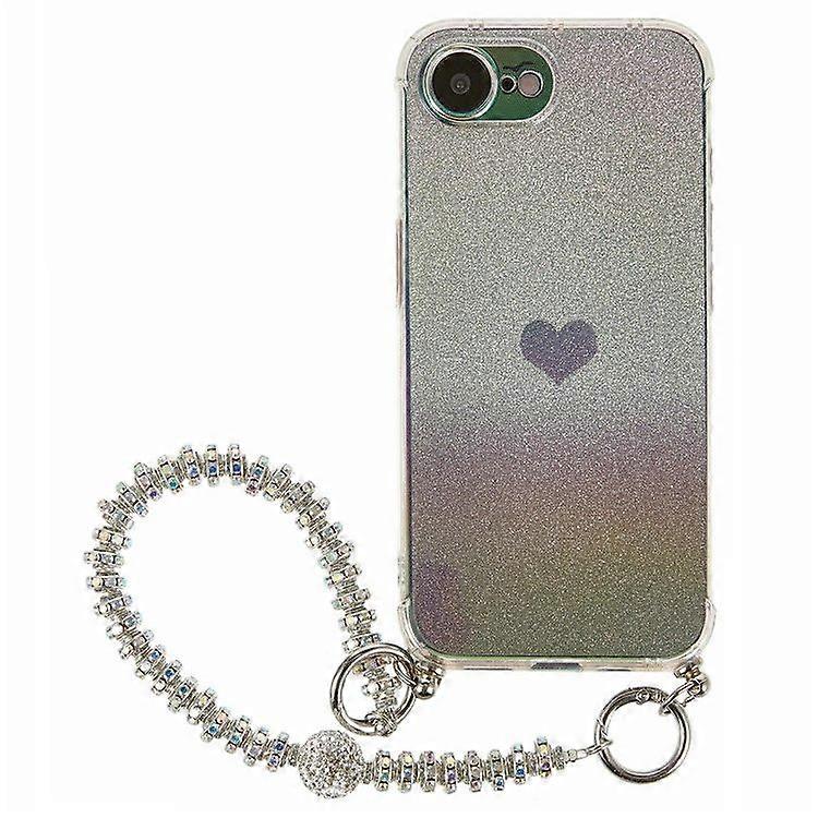 Gradient TPU Phone Back Case For iPhone 16e, Heart Glitter with Rhinestones Strap