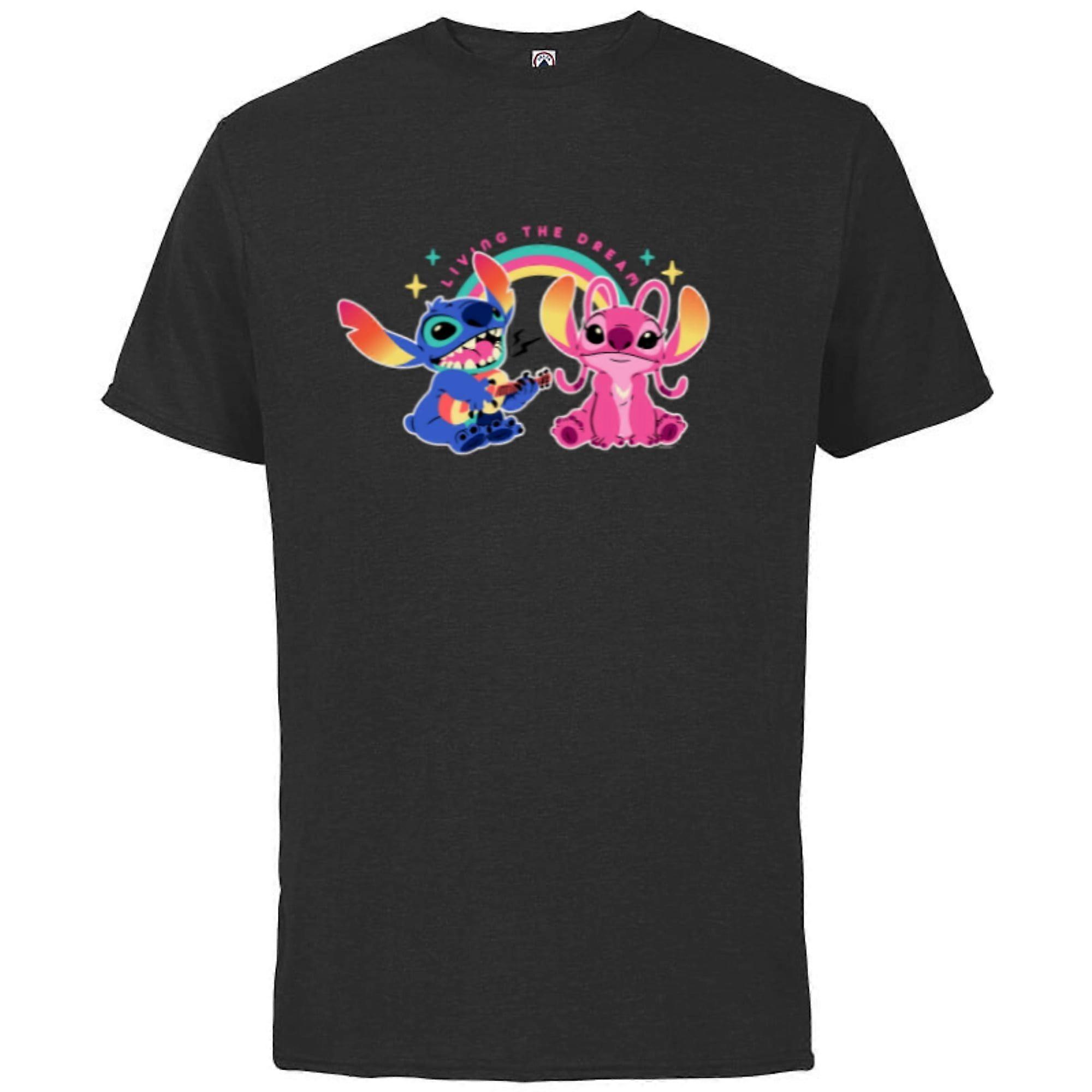 Disney Stitch and Angel Living the Dream - Short Sleeve Cotton T-Shirt-Black-Txa31ii181