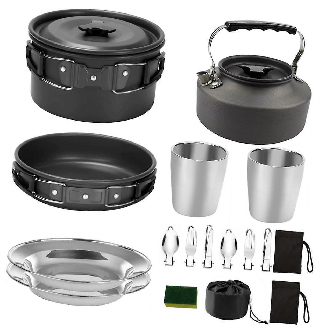1Satz Camping Cookware Set for 2-4 Persons, Portable Multifunctional Cooking Gear with Non-Stick Frying Pan and Foldable Design
