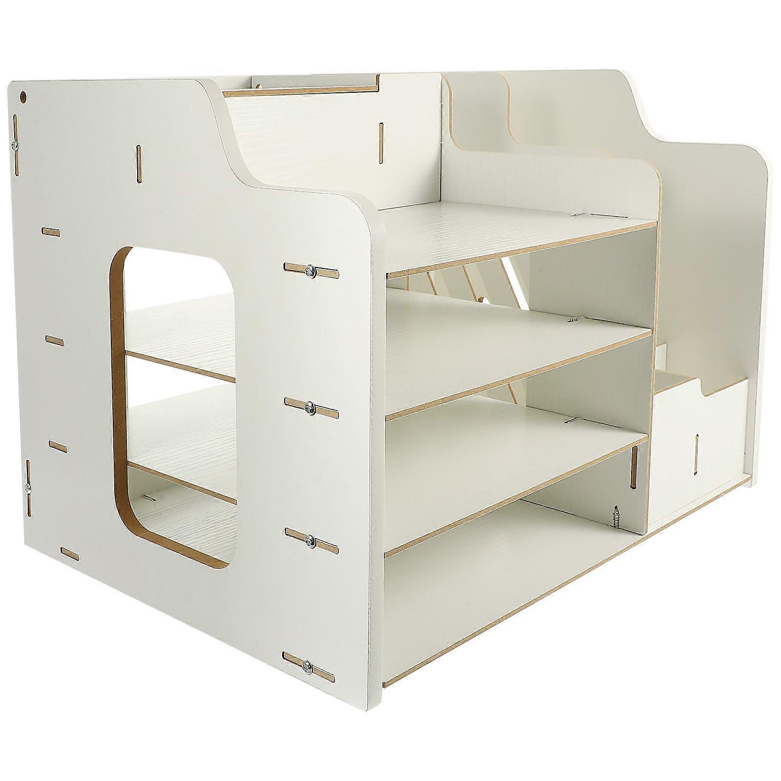 White Density Board Desk Organizer with Lockable Drawer for Storage Use and Pen Holder Compatibility 12.5 x 8.3 x 6.7 inches
