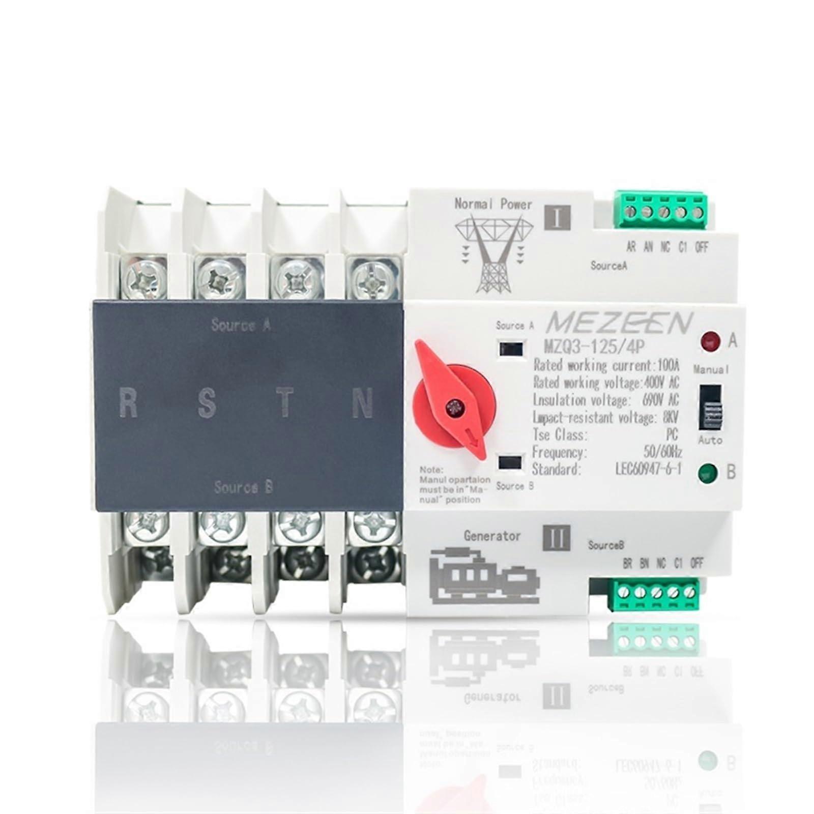 DIN Rail Mount 35mm 4 Pin 125A Automatic Generator Transfer Switch Dual Power ATS 4 125A