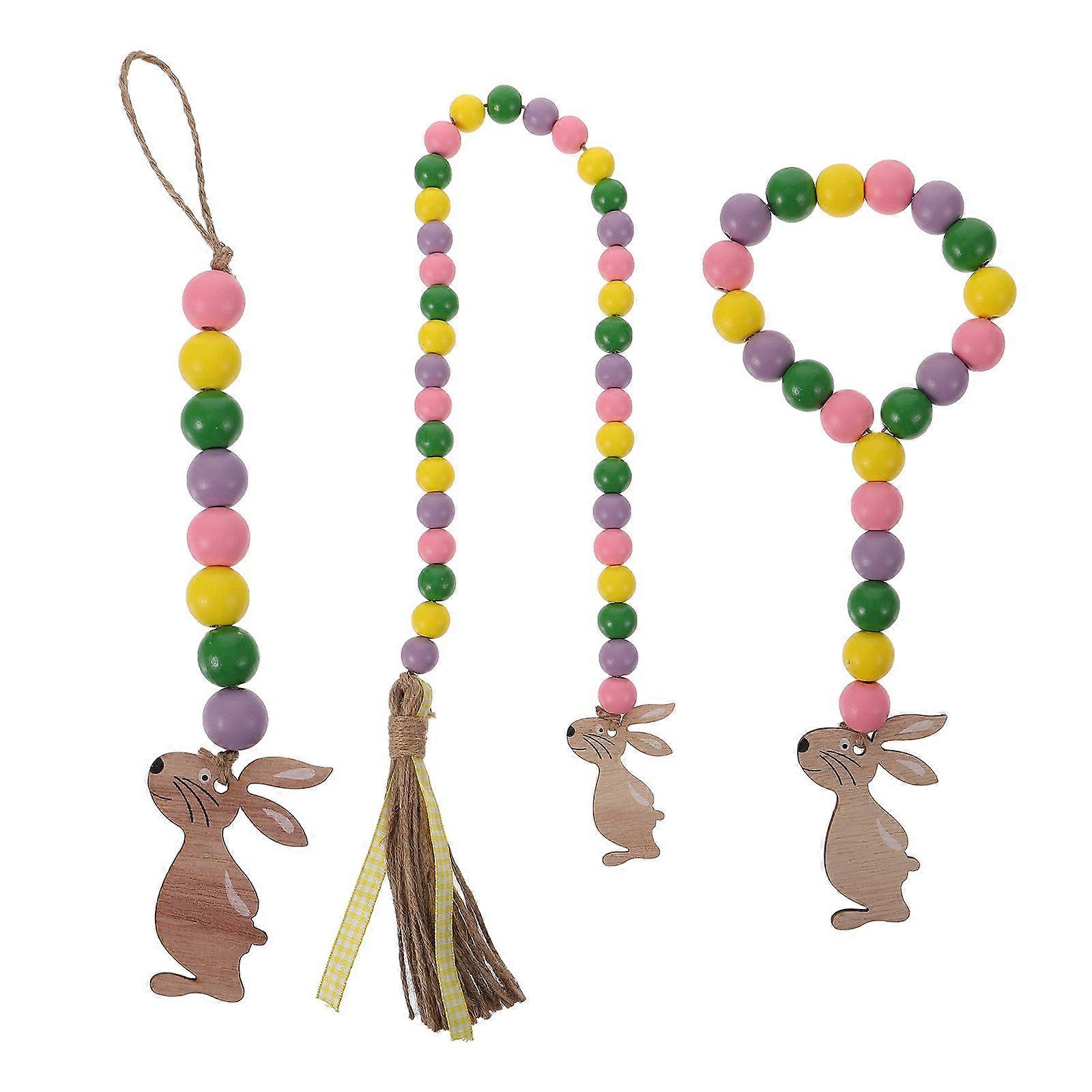 3pcs Easter Wood Bead Tassel Rabbit Decors Bead String Home Decorations