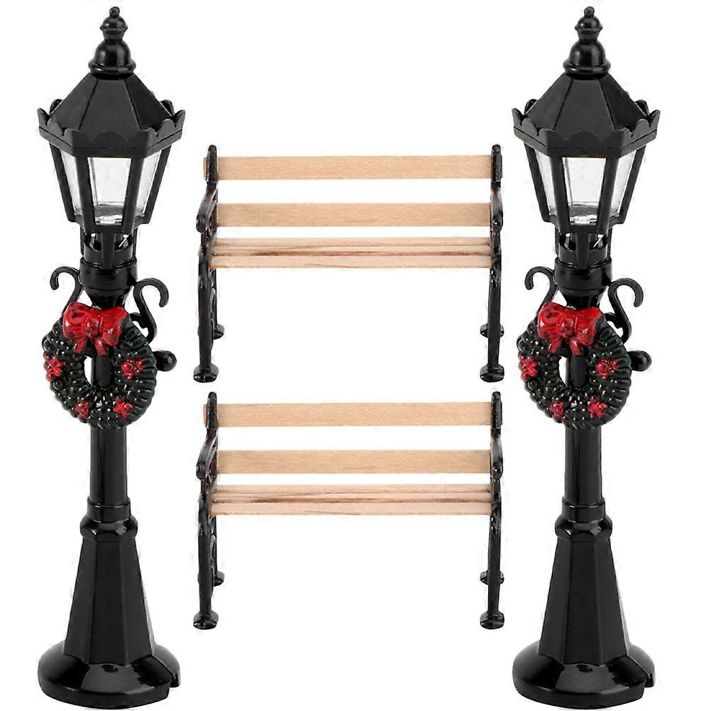 4pcs Miniature Street Light and Bench Set – Realistic Scale Furniture for Tiny House and Collectible Decor