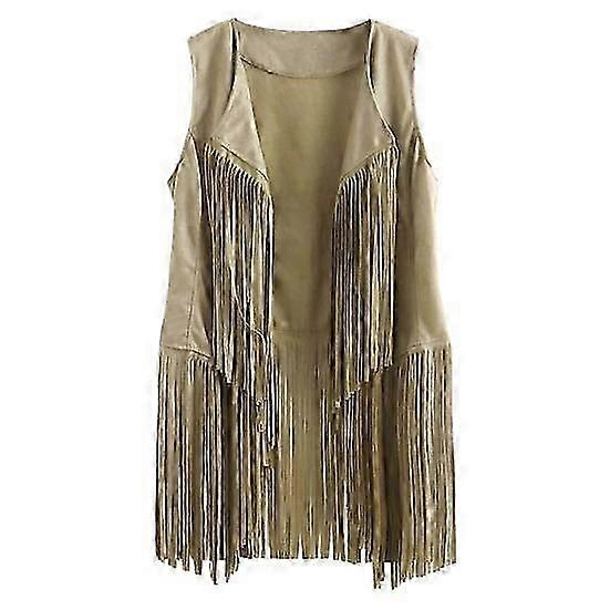 Women Cardigan Tassel Fringed Solid Color Open Stitch Vintage Western Cowboy Cosplay Hippie Sleeveless Stage Performance Role Play Lady Waistcoat