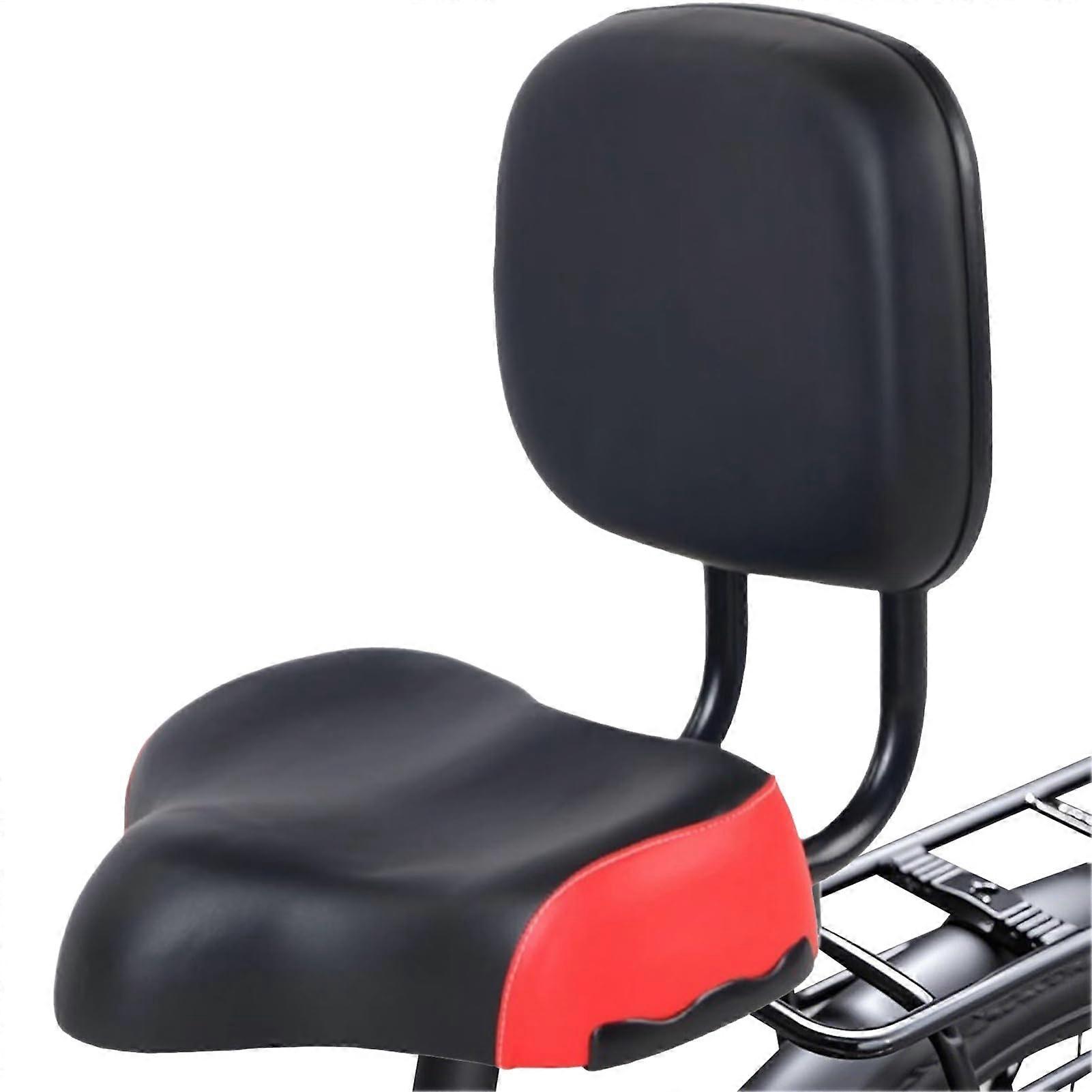 Bicycle seat with backrest, comfort cushion, wide saddle, soft leather, shock absorber, red