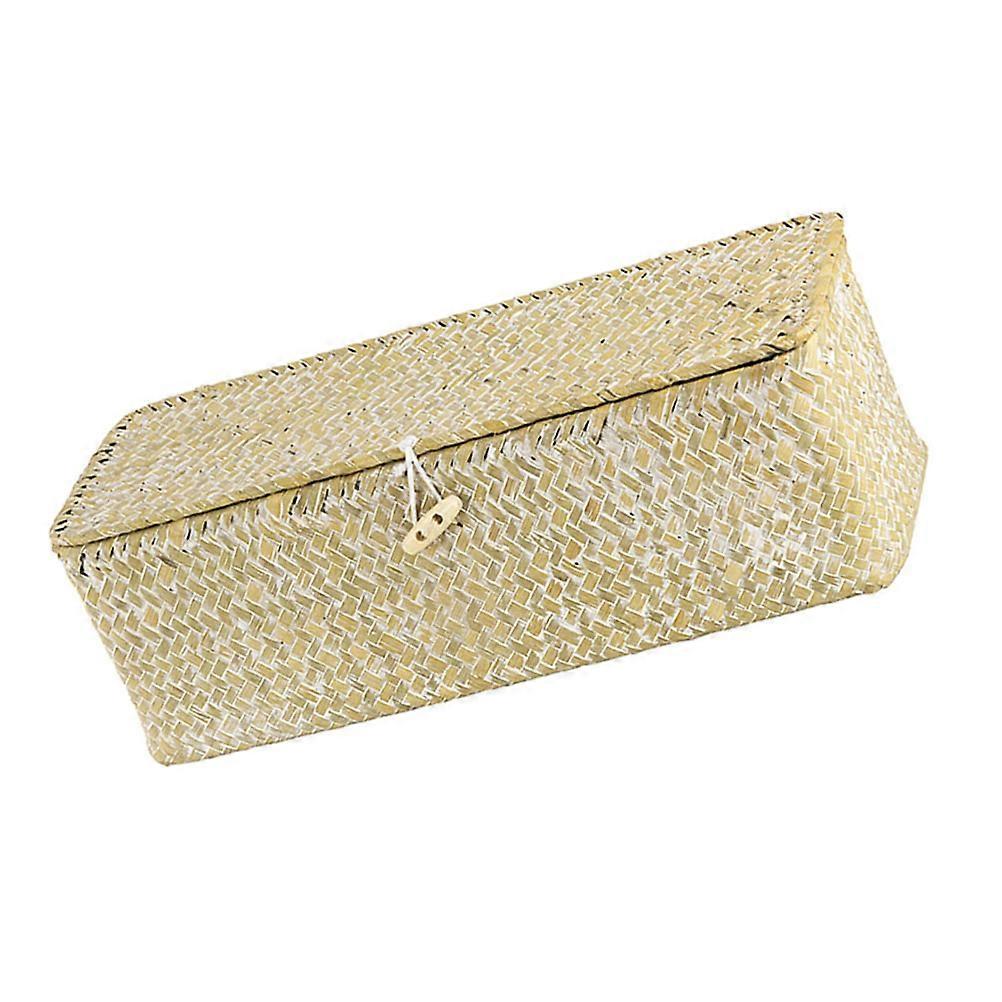 Straw Woven Storage Basket Lidded Sundries Holder for Desktop and Cosmetics
