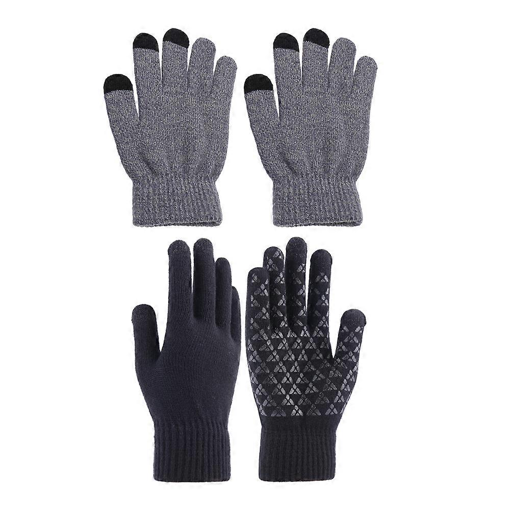 Windproof And Anti-Slip Knitted Warm Gloves Perfect For Outdoor Winter Occasions Available In Grey And Black - 2 Pairs