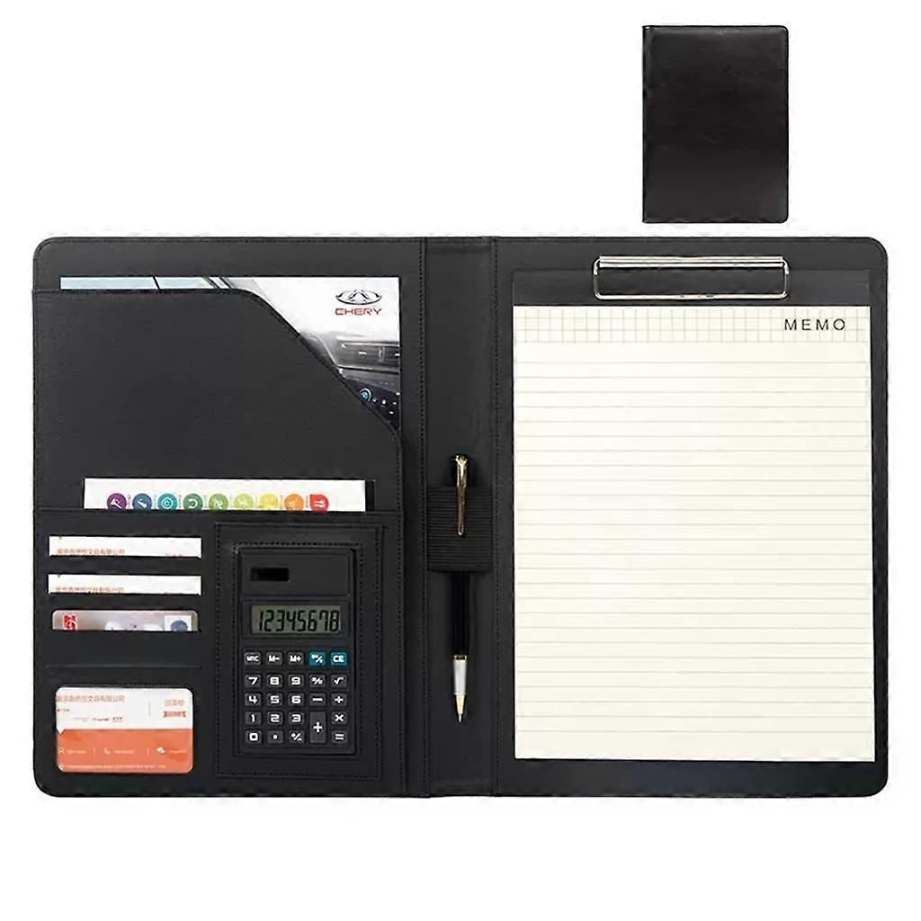 Ledermappe A4 Padfolio Leather With Clipboard Notepad Holder Resume/Interview Files Card Slot Black 8-Digit Calculator