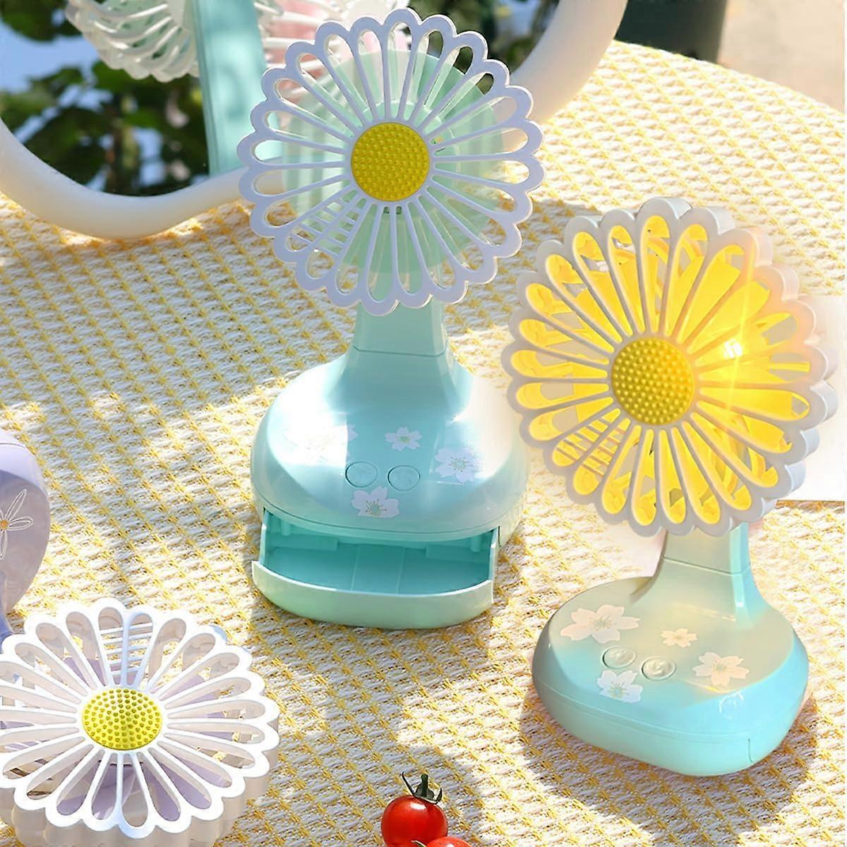 Mini Charging Fan with LED Light, Green Chrysanthemum Design, 3-Speed Portable Fan with Storage Box and Stand