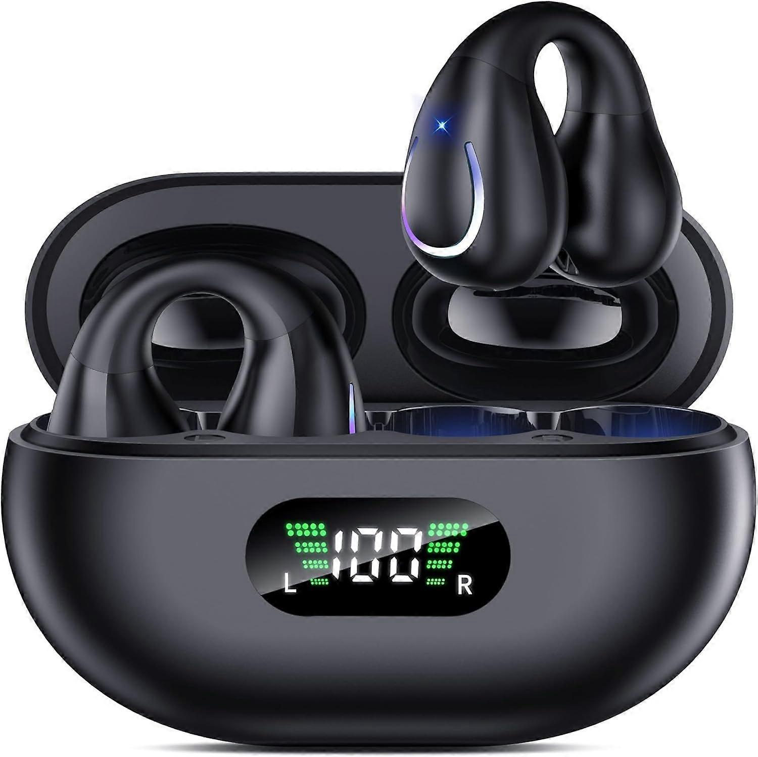Open Ear Clip Wireless Earbuds Bluetooth 5.3, Sports Earphones Built-in Microphone with Earhooks & Ear Hook, Wireless Charging Case & Display, Waterpr